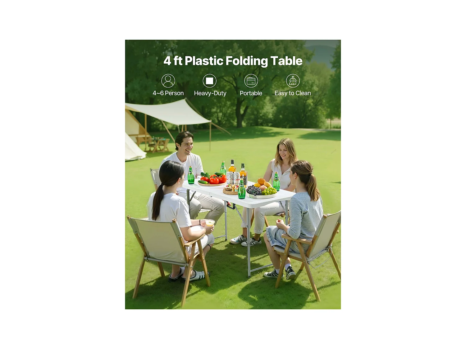 Table Pliante SucceBuy Rectangulaire en Plastique, Table Utilitaire Portable de 122 cm, avec Hauteur Réglable et Poignée Intégrée, pour Pique-nique, Camping