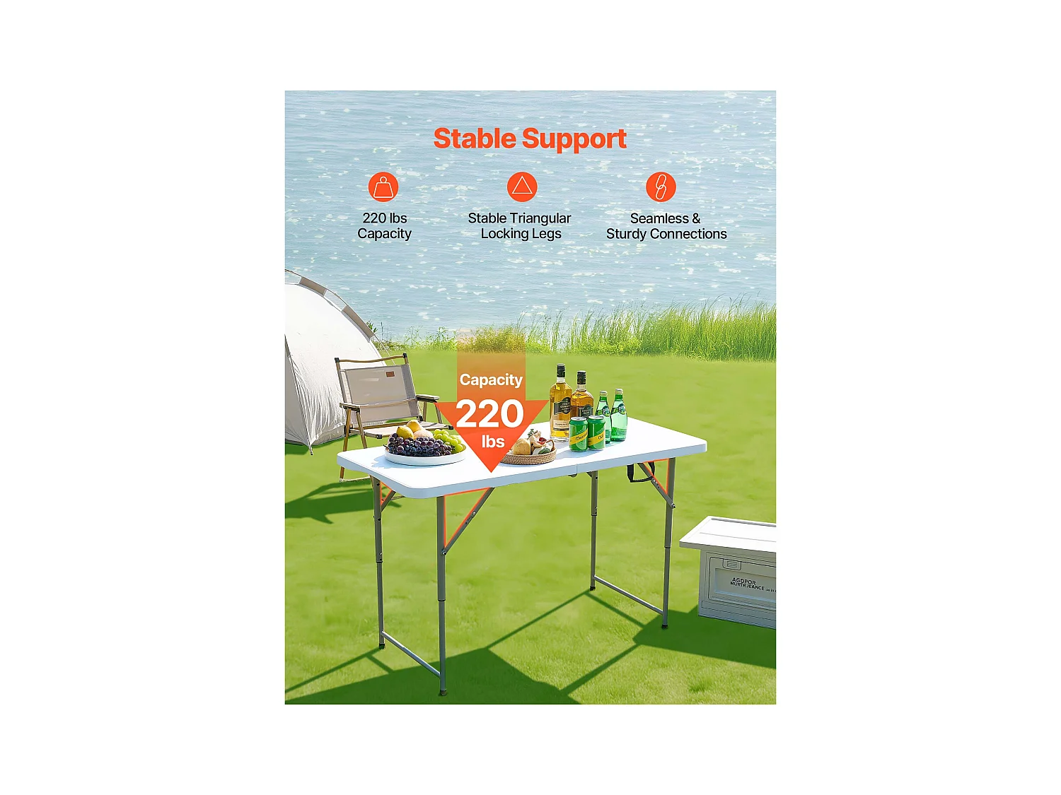 Table Pliante SucceBuy Rectangulaire en Plastique, Table Utilitaire Portable de 122 cm, avec Hauteur Réglable et Poignée Intégrée, pour Pique-nique, Camping
