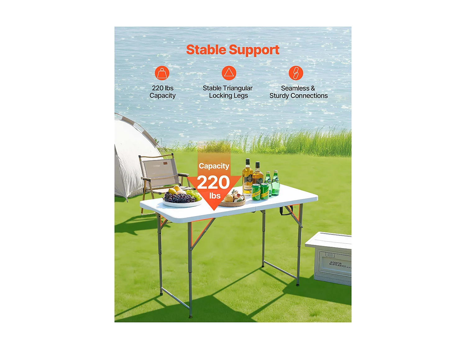 Table Pliante SucceBuy Rectangulaire en Plastique, Table Utilitaire Portable de 122 cm, avec Hauteur Réglable et Poignée Intégrée, pour Pique-nique, Camping