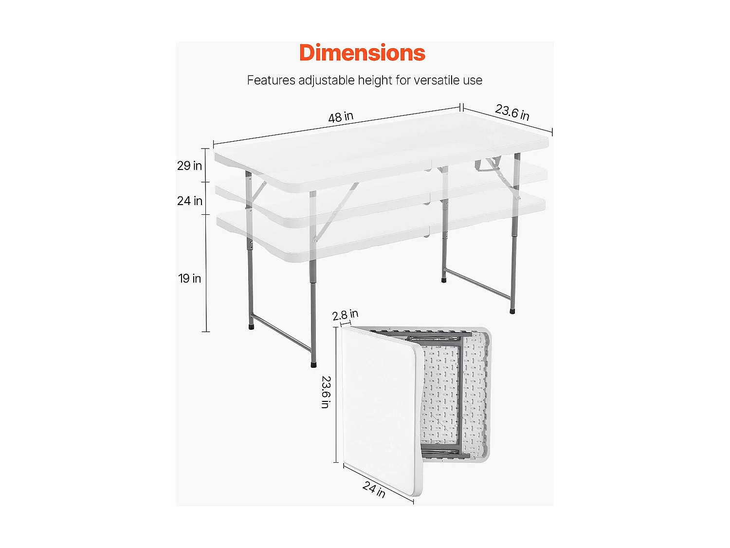 Table Pliante SucceBuy Rectangulaire en Plastique, Table Utilitaire Portable de 122 cm, avec Hauteur Réglable et Poignée Intégrée, pour Pique-nique, Camping