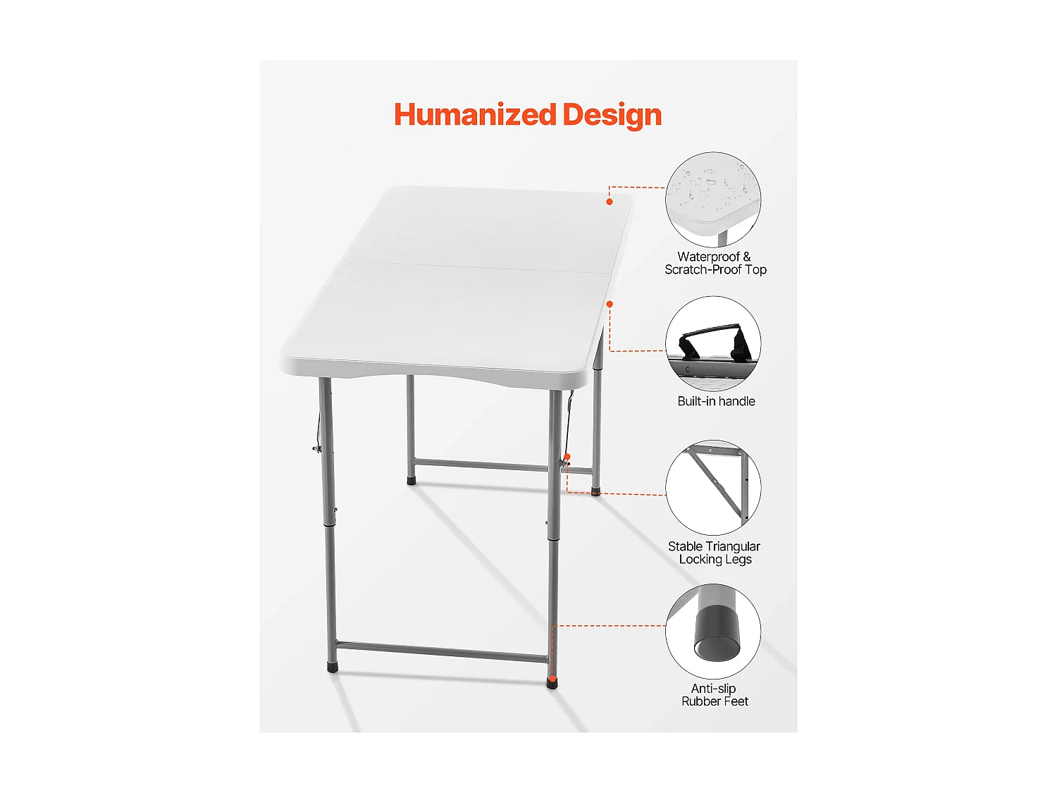 Table Pliante SucceBuy Rectangulaire en Plastique, Table Utilitaire Portable de 122 cm, avec Hauteur Réglable et Poignée Intégrée, pour Pique-nique, Camping