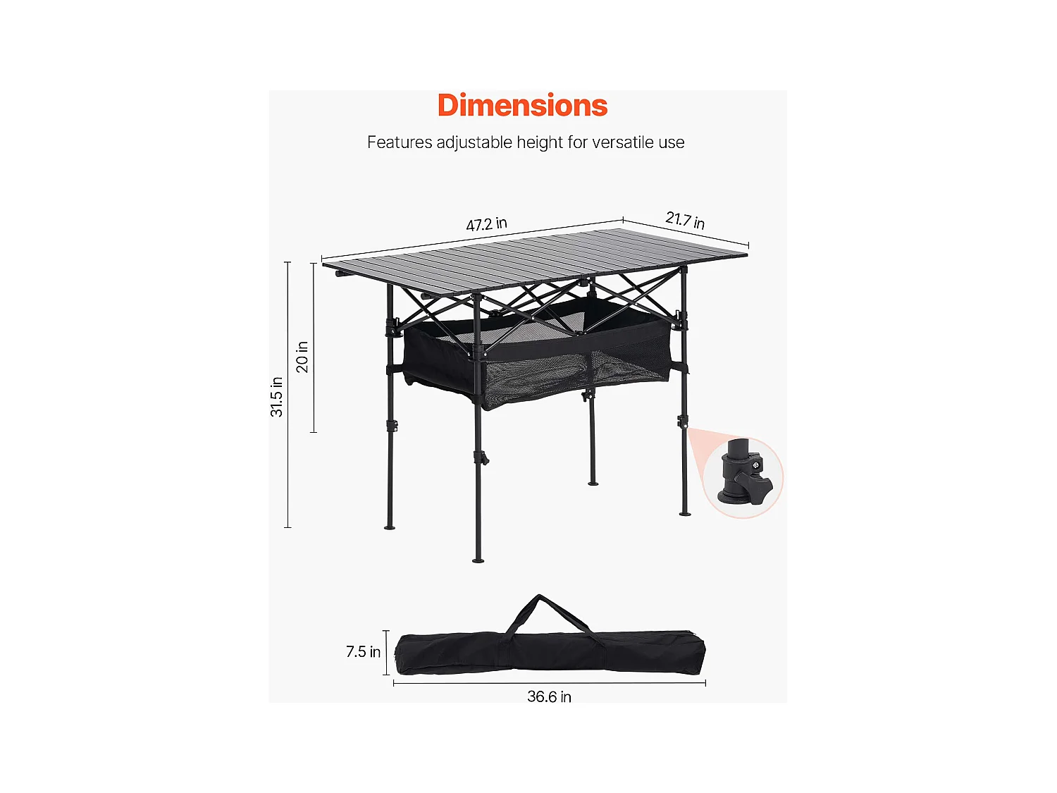 Table de Camping SucceBuy Pliante et Enroulable de 120x55 cm, Table d'Appoint Portable en Aluminium, avec Hauteur Réglable et Grand Sac de Transport