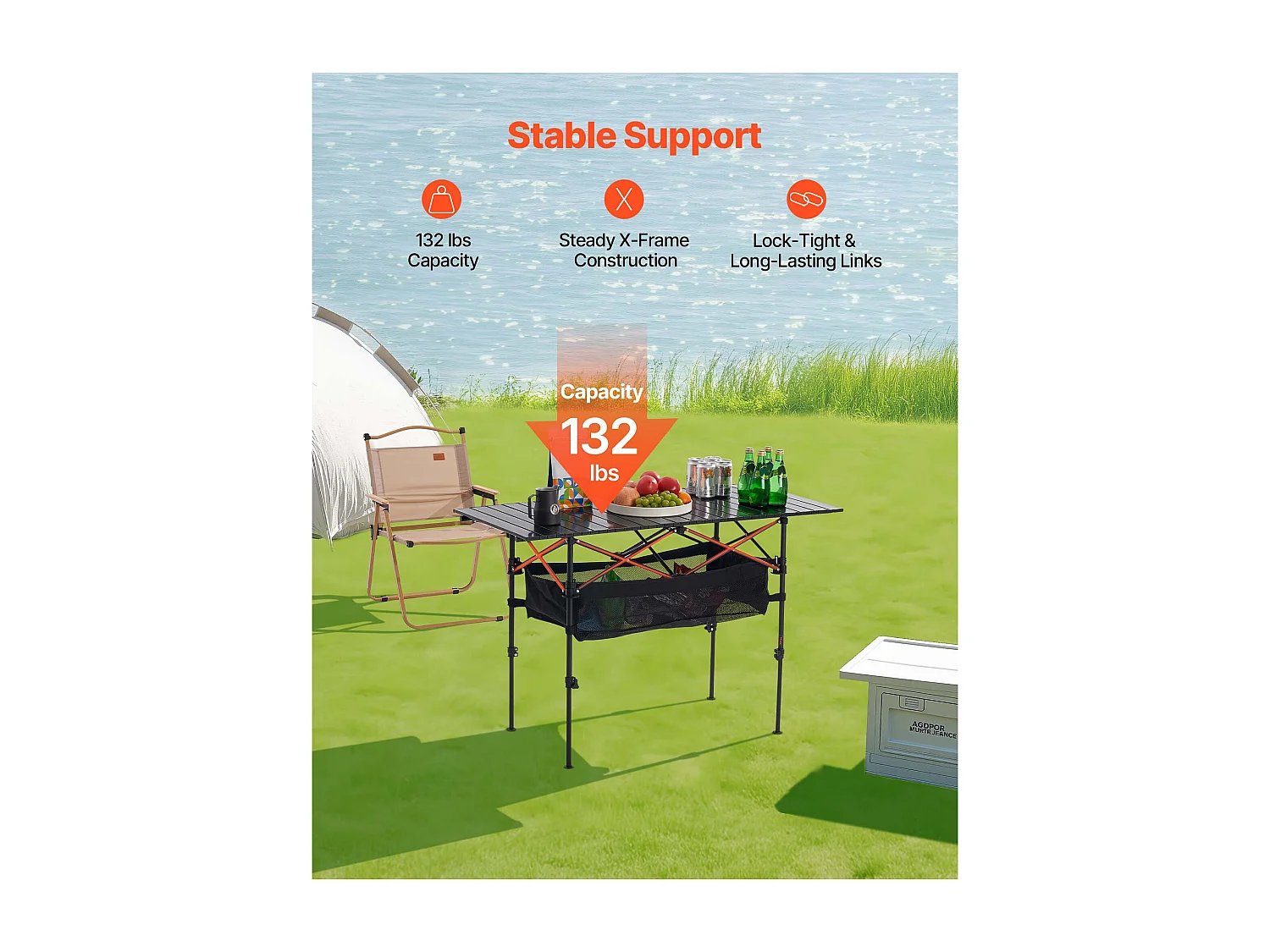 Stół Kempingowy SucceBuy Składany i Zwijany 120x55 cm, Przenośny Stolik Boczny z Aluminium, z Regulowaną Wysokością i Dużą Torbą Transportową