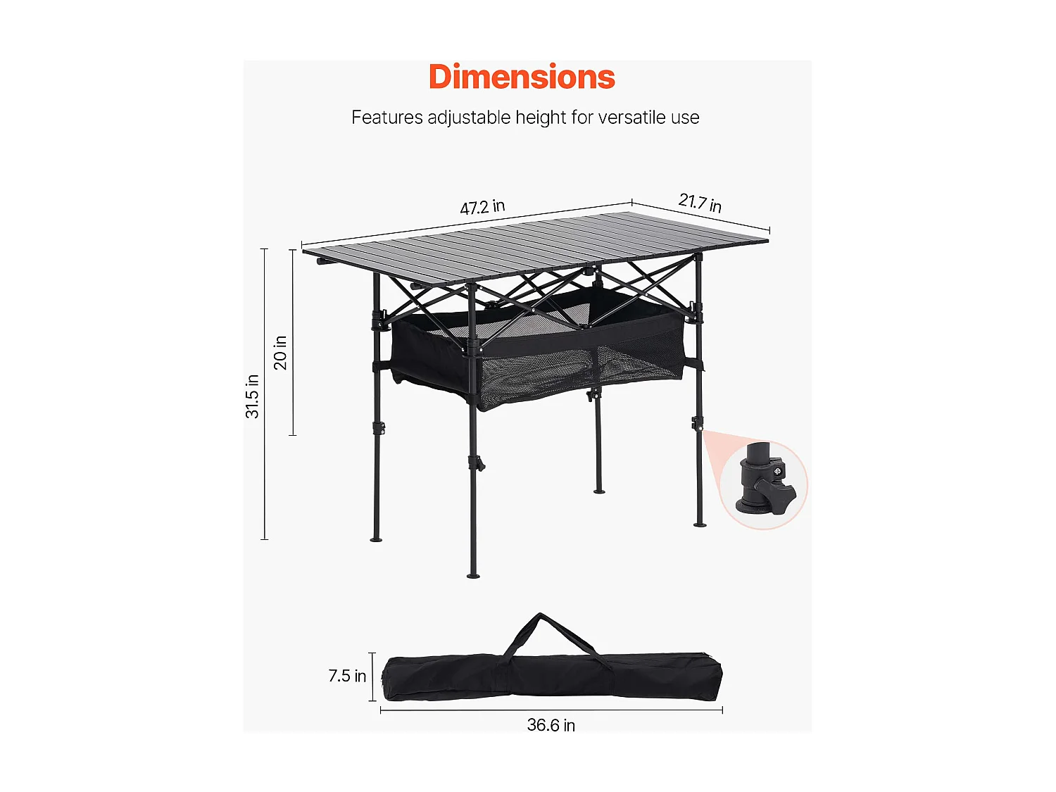 Stół Kempingowy SucceBuy Składany i Zwijany 120x55 cm, Przenośny Stolik Boczny z Aluminium, z Regulowaną Wysokością i Dużą Torbą Transportową