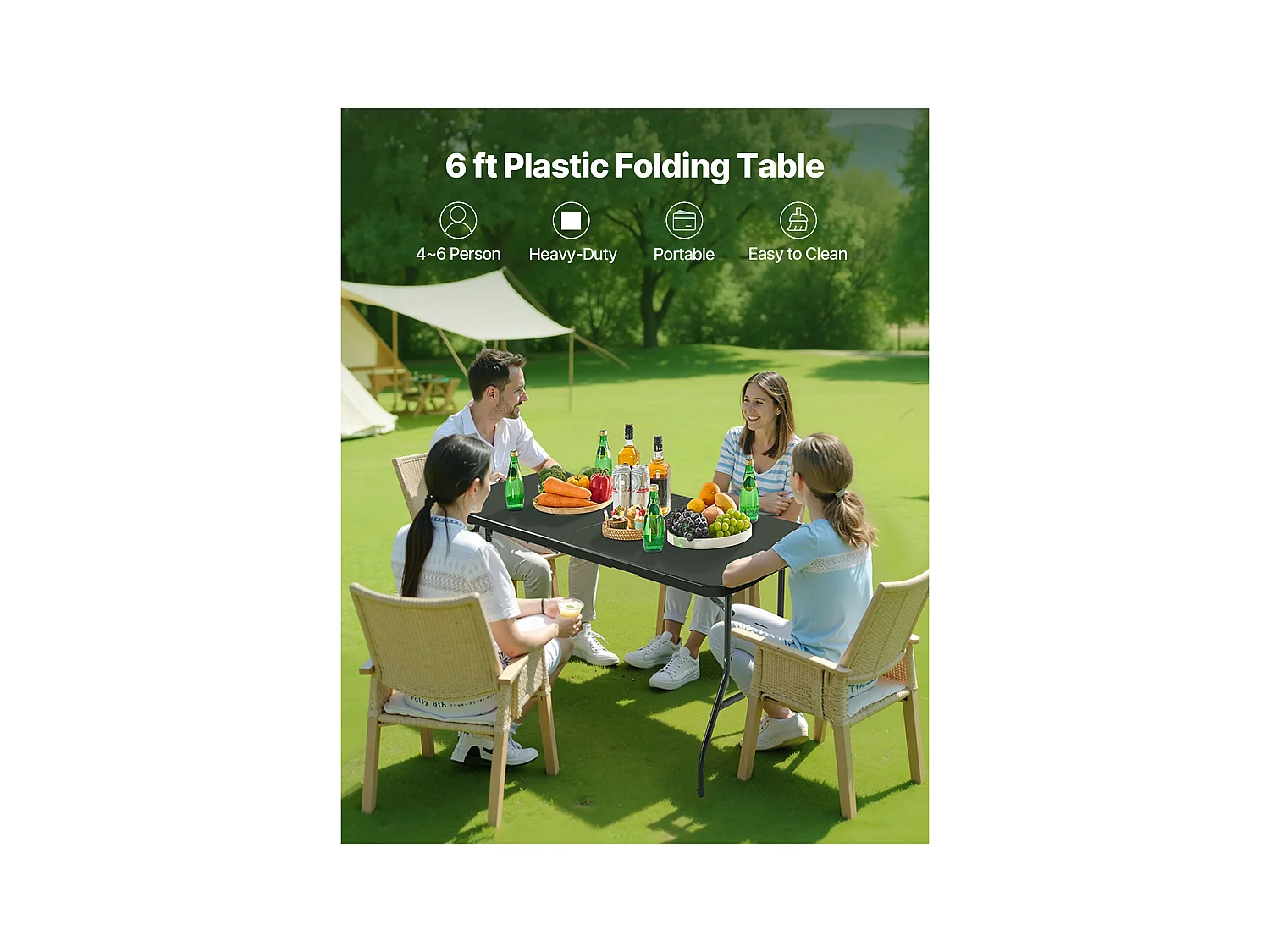Table Pliante SucceBuy Rectangulaire, Table Utilitaire Portable de 180 cm, Solide et Stable, pour Soirée, Pique-nique et Camping, Intérieur et Extérieur