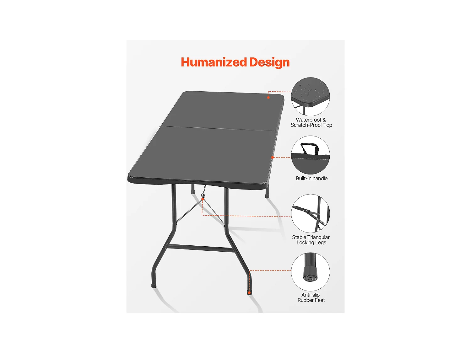 Table Pliante SucceBuy Rectangulaire, Table Utilitaire Portable de 180 cm, Solide et Stable, pour Soirée, Pique-nique et Camping, Intérieur et Extérieur