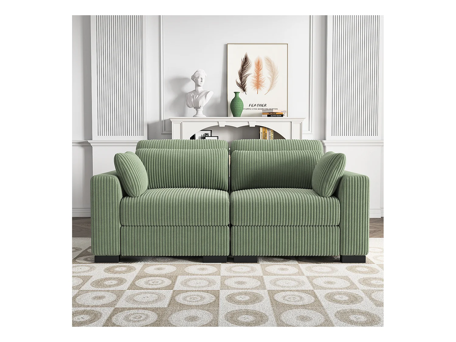 Canapé en Forme de 2 Places avec Tabouret de Rangement, canapé d'angle en Velours côtelé avec Ottoman, Moderne et Confortable, Vert