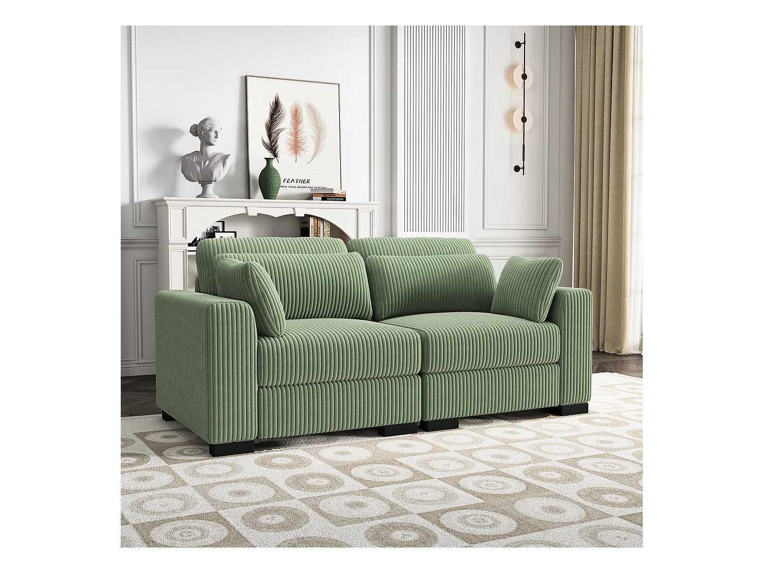 Canapé en Forme de 2 Places avec Tabouret de Rangement, canapé d'angle en Velours côtelé avec Ottoman, Moderne et Confortable, Vert