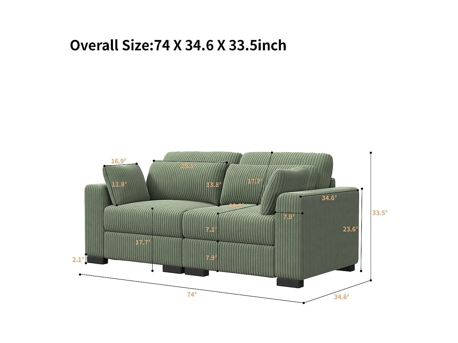 Canapé en Forme de 2 Places avec Tabouret de Rangement, canapé d'angle en Velours côtelé avec Ottoman, Moderne et Confortable, Vert