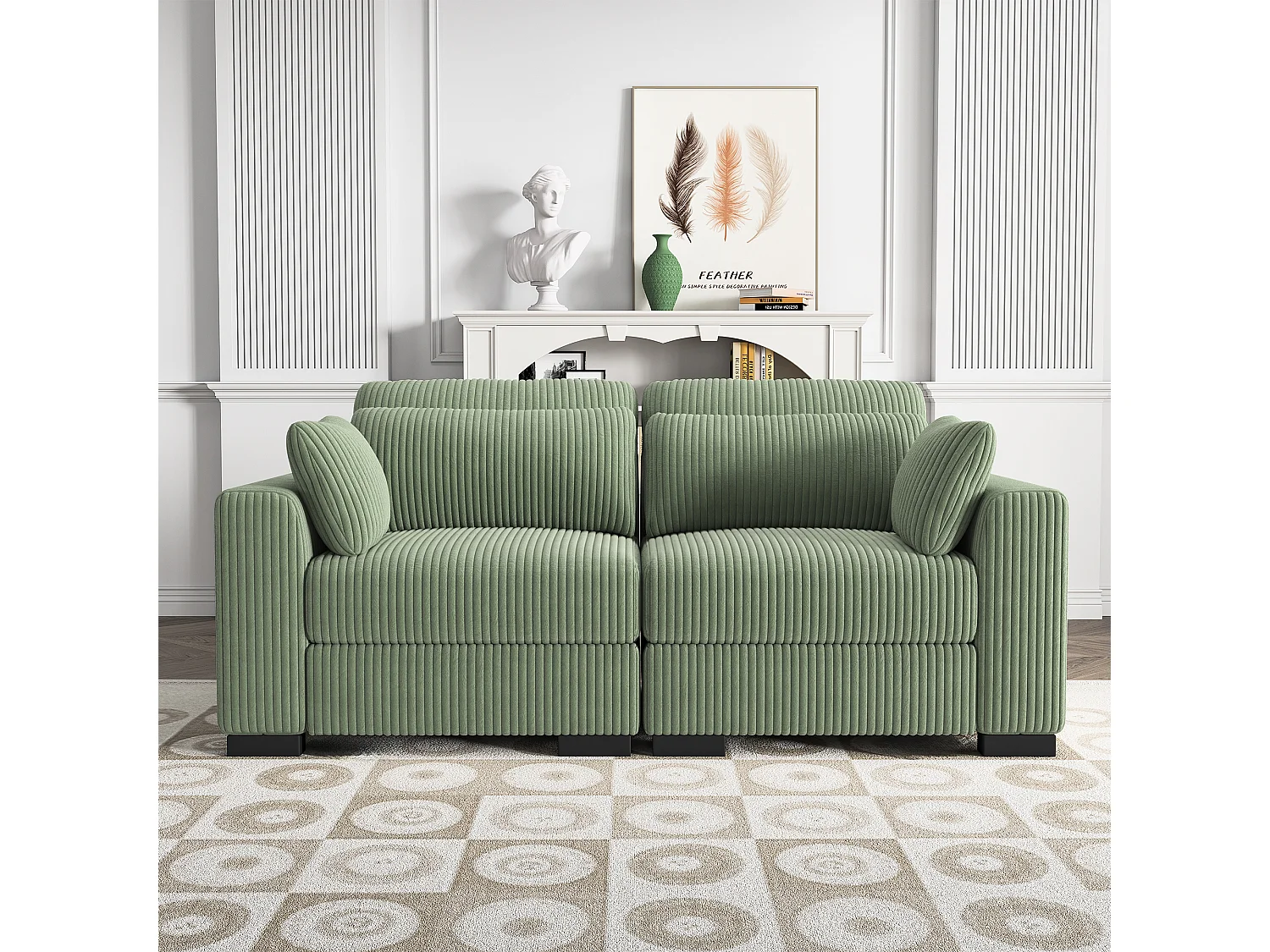 Canapé 2 places convertible express en tissu Vert - avec Tabouret de Rangement - canapé d'angle en Velours côtelé avec Ottoman - Moderne et Confortable