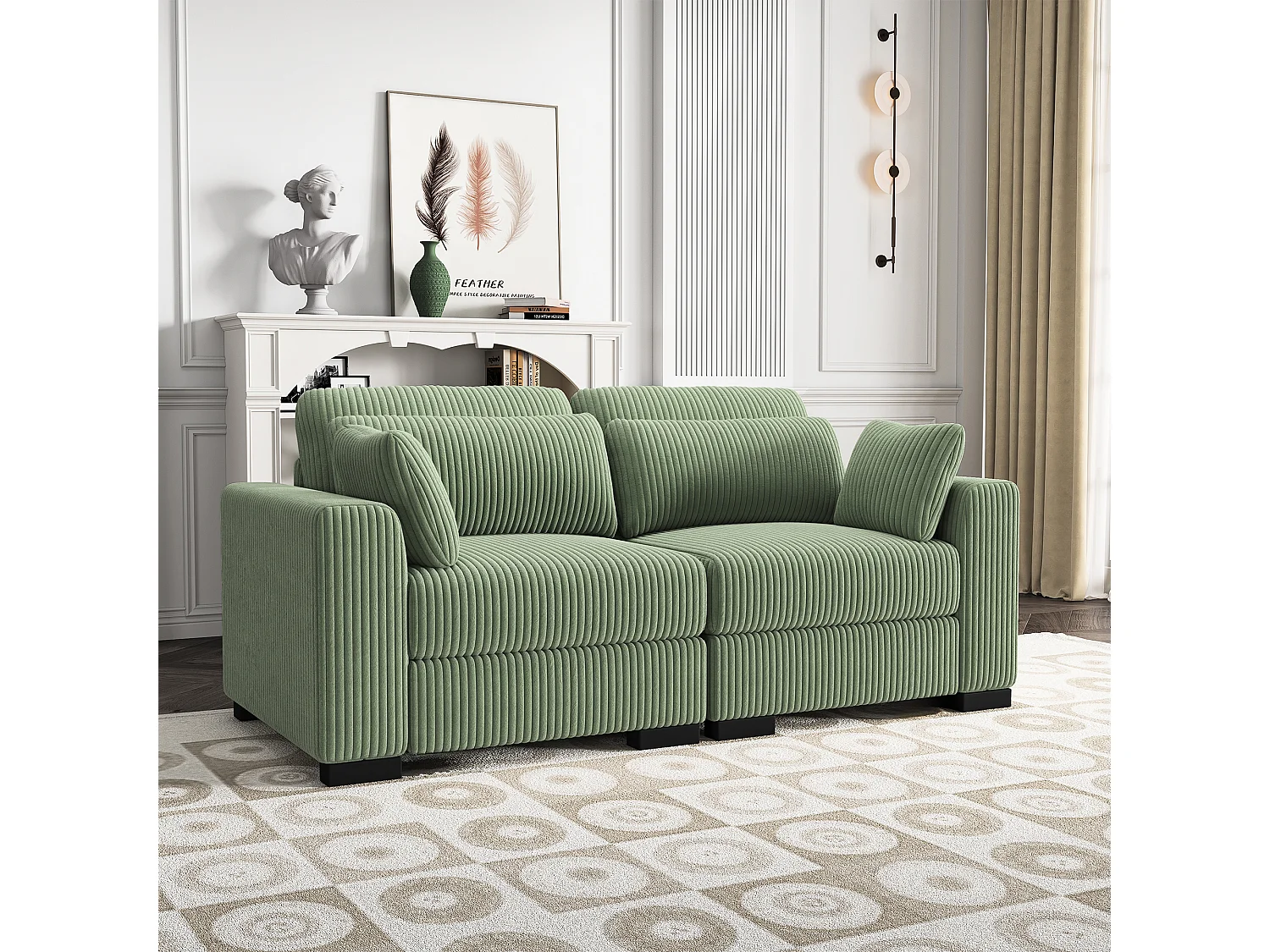 Canapé 2 places convertible express en tissu Vert - avec Tabouret de Rangement - canapé d'angle en Velours côtelé avec Ottoman - Moderne et Confortable