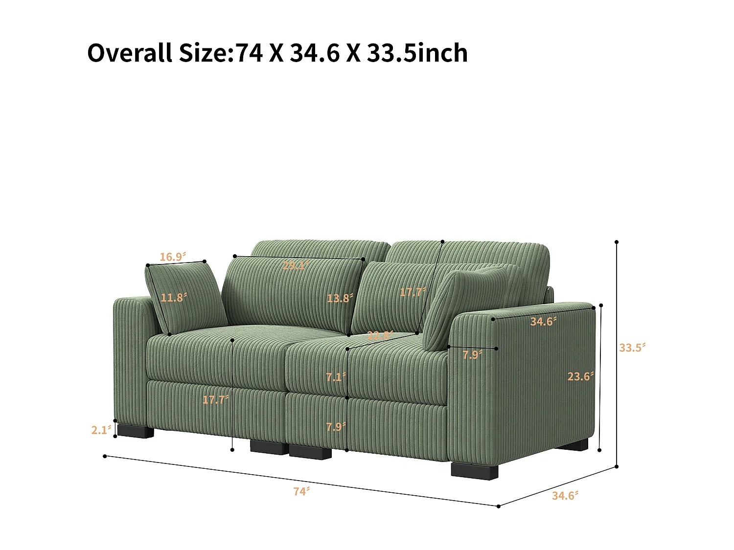 Canapé 2 places convertible express en tissu Vert - avec Tabouret de Rangement - canapé d'angle en Velours côtelé avec Ottoman - Moderne et Confortable