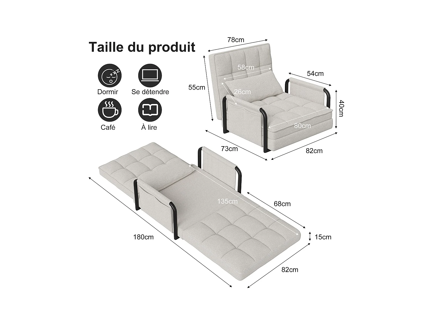 Canapé Lit Simple Convertible, Canapé-lit, Fauteuil et Dossier Réglable À 5 Positions, Canape Lit avec Dossier réglable, Beige