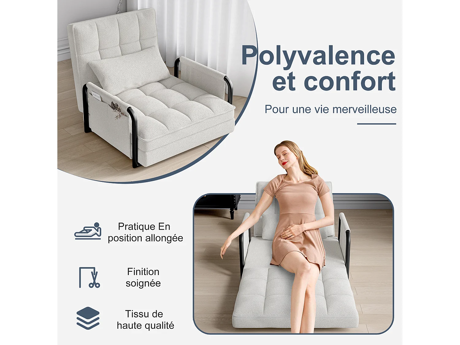 Canapé Lit Simple Convertible - Velours - Fauteuil et Dossier Réglable À 5 Positions - Beige