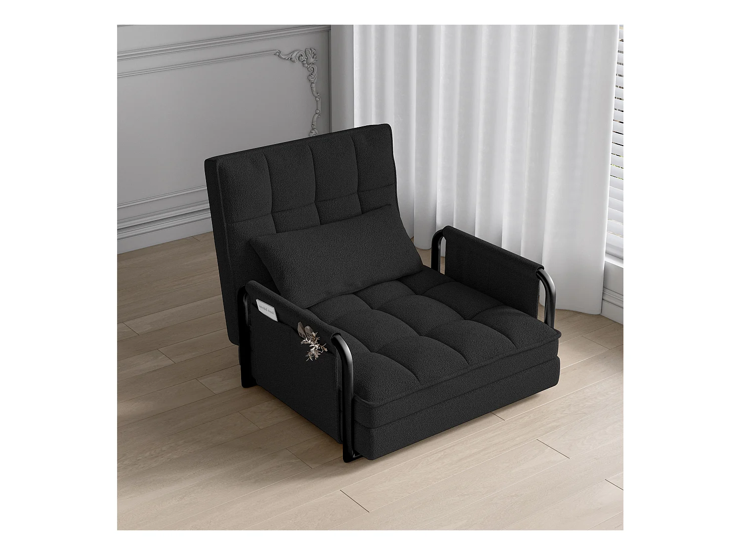 Canapé Lit Simple Convertible, 4 en 1 Canapé-lit Fauteuil, 5 Positions réglables, Coussin et Accoudoirs Métal, Laine d’agneau, Noir