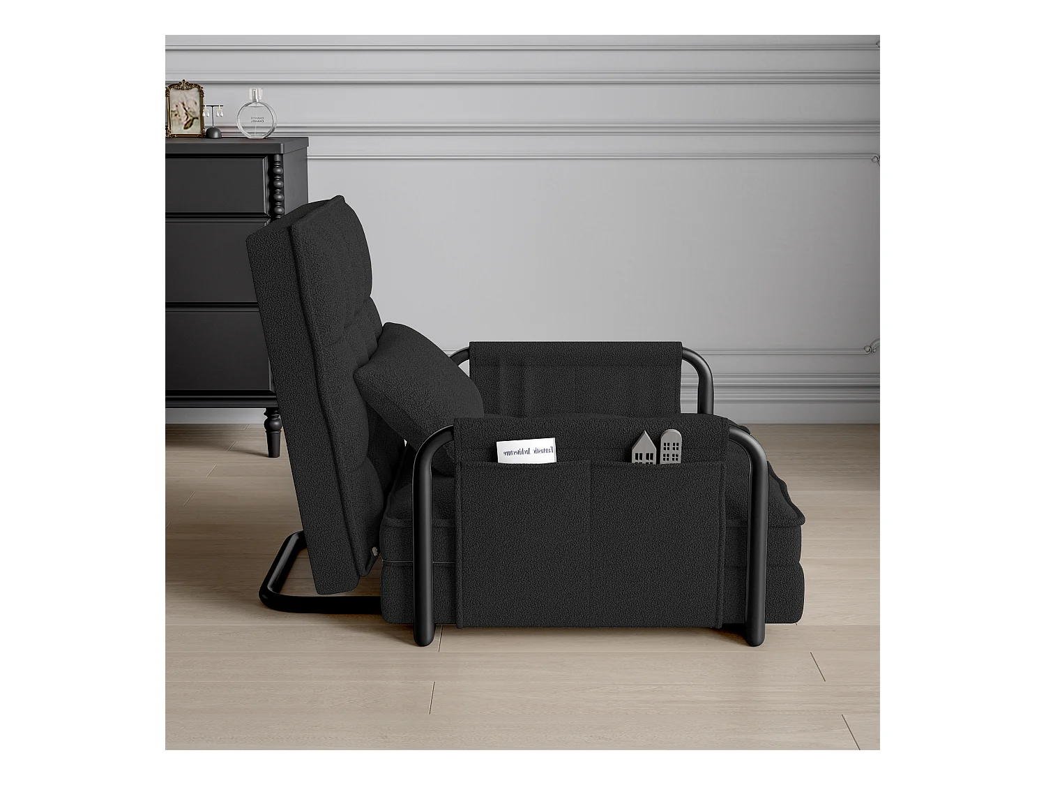 Canapé Lit Simple Convertible, 4 en 1 Canapé-lit Fauteuil, 5 Positions réglables, Coussin et Accoudoirs Métal, Laine d’agneau, Noir