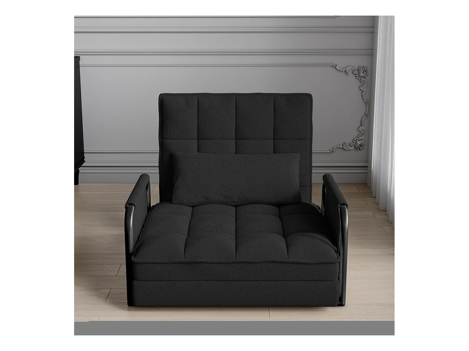 Canapé Lit Simple Convertible, 4 en 1 Canapé-lit Fauteuil, 5 Positions réglables, Coussin et Accoudoirs Métal, Laine d’agneau, Noir