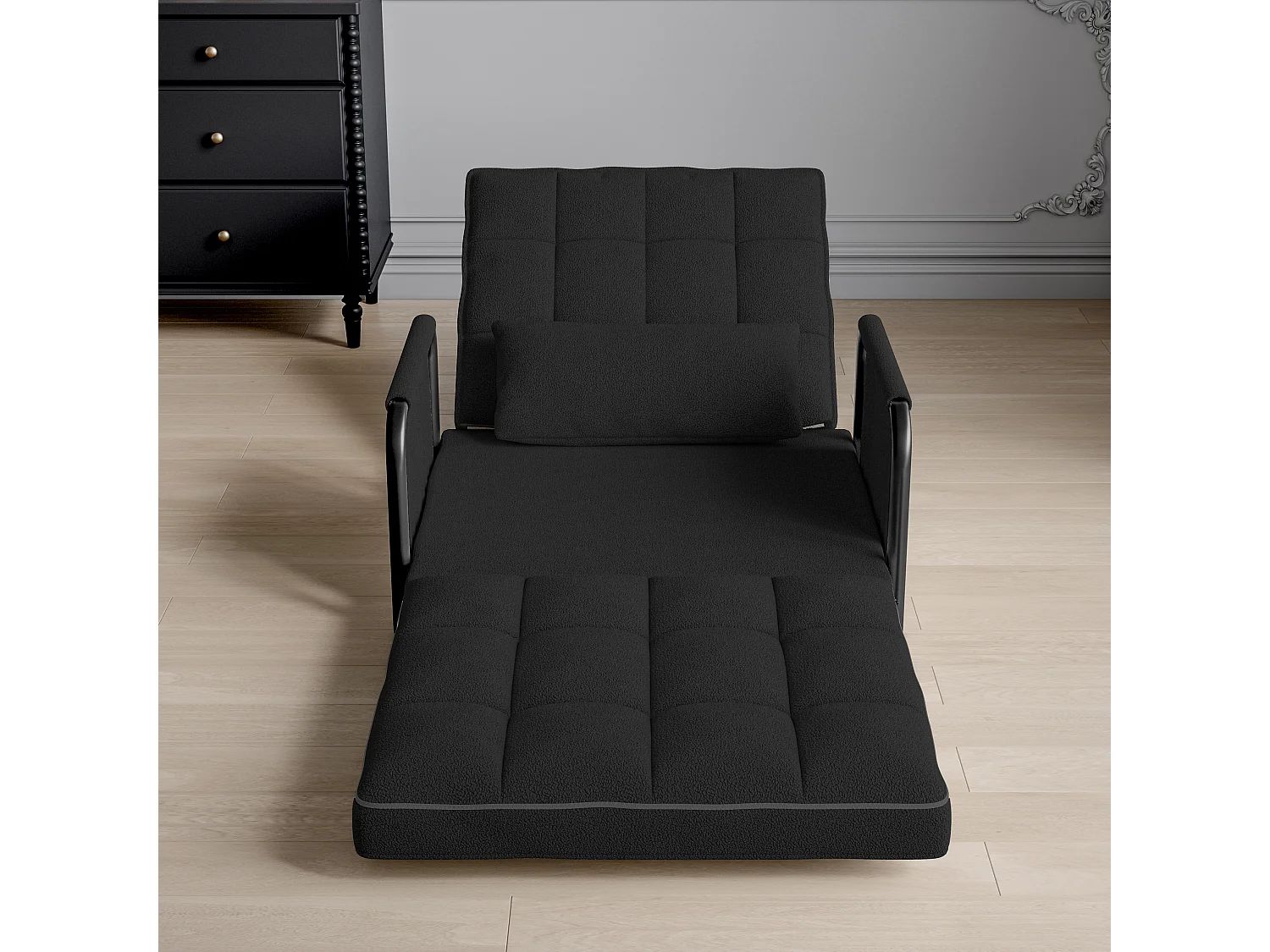 Canapé Lit Simple Convertible, 4 en 1 Canapé-lit Fauteuil, 5 Positions réglables, Coussin et Accoudoirs Métal, Laine d’agneau, Noir
