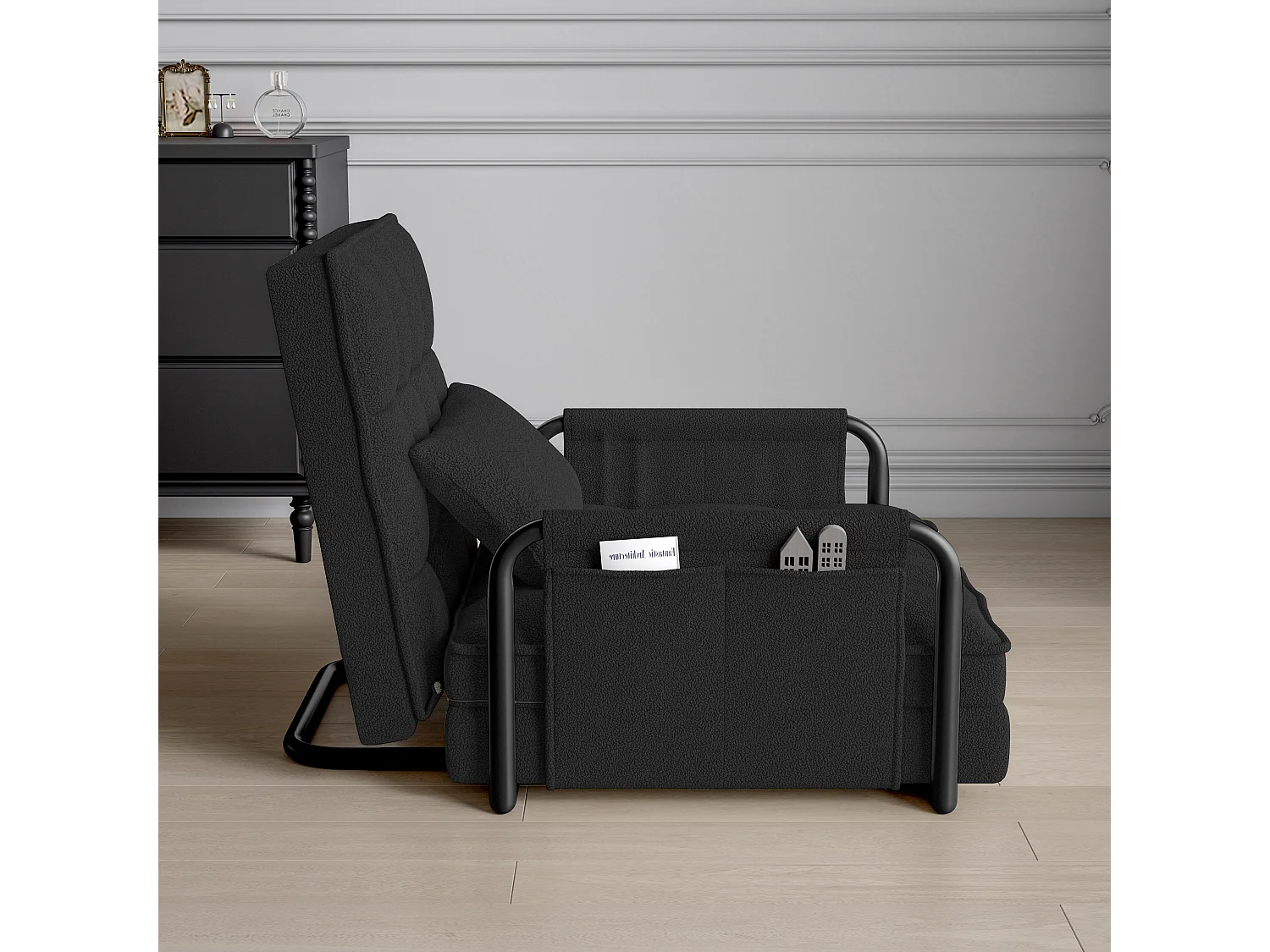 Canapé Lit Simple Convertible, 4 en 1 Canapé-lit Fauteuil, 5 Positions réglables, Coussin et Accoudoirs Métal, Laine d’agneau, Noir