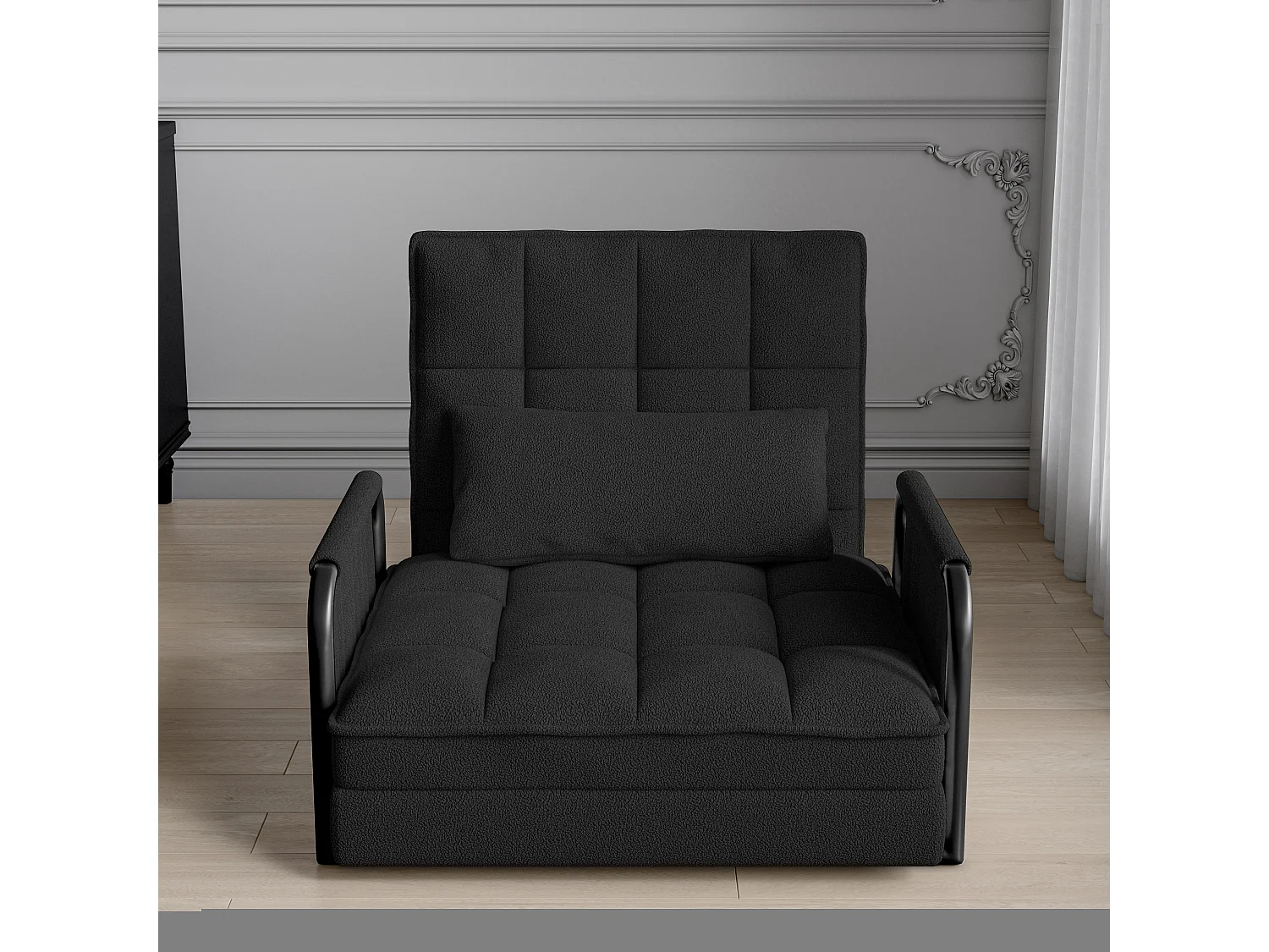 Canapé Lit Simple Convertible, 4 en 1 Canapé-lit Fauteuil, 5 Positions réglables, Coussin et Accoudoirs Métal, Laine d’agneau, Noir