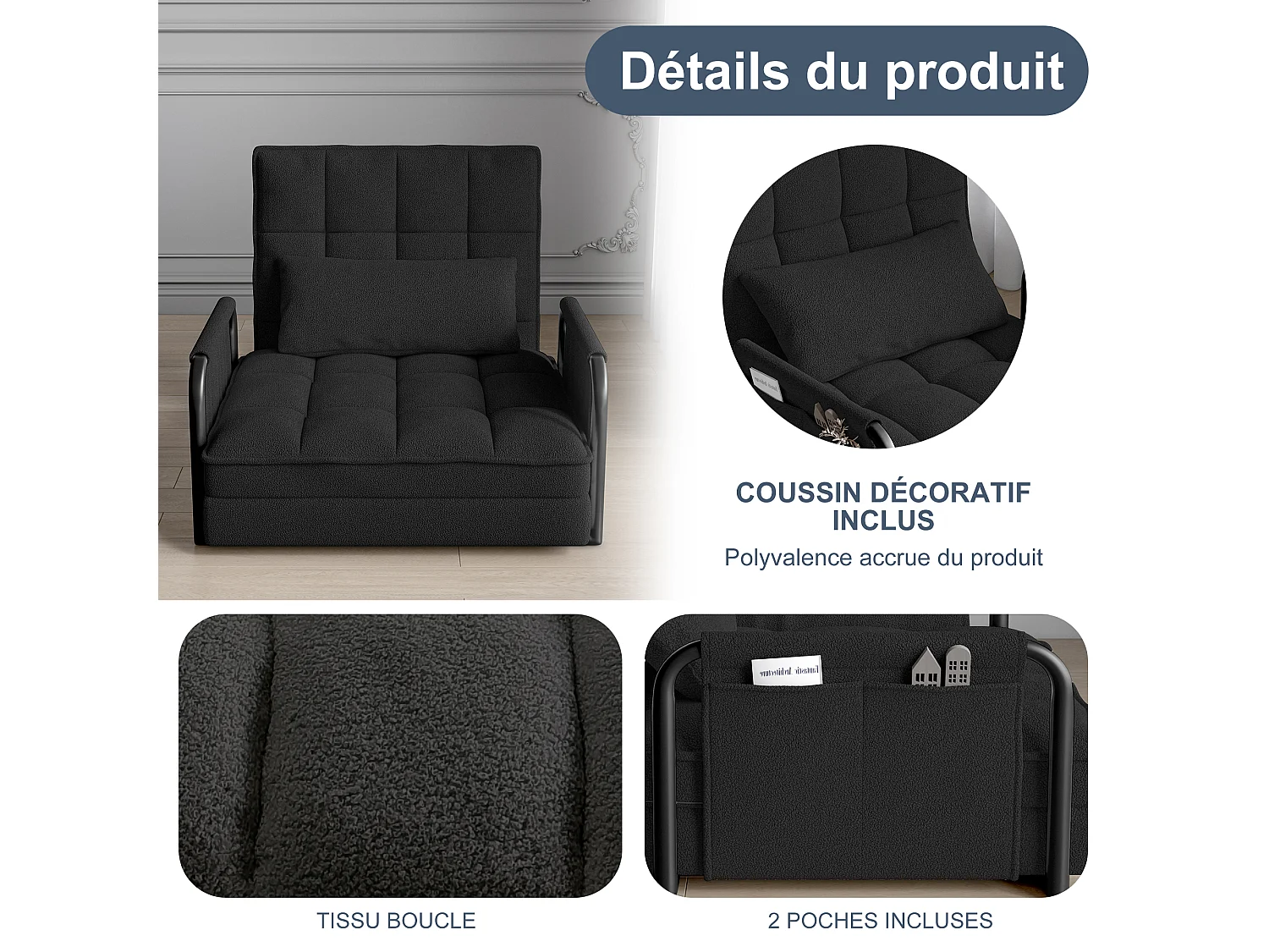 Canapé Lit Simple Convertible, 4 en 1 Canapé-lit Fauteuil, 5 Positions réglables, Coussin et Accoudoirs Métal, Laine d’agneau, Noir