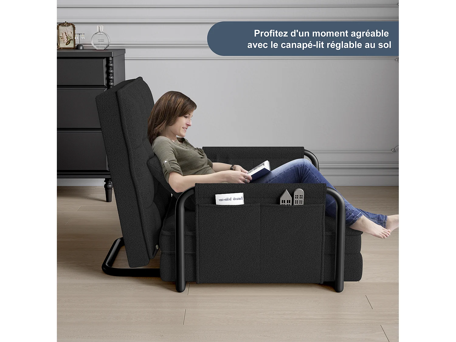 Canapé Lit Simple Convertible, 4 en 1 Canapé-lit Fauteuil, 5 Positions réglables, Coussin et Accoudoirs Métal, Laine d’agneau, Noir