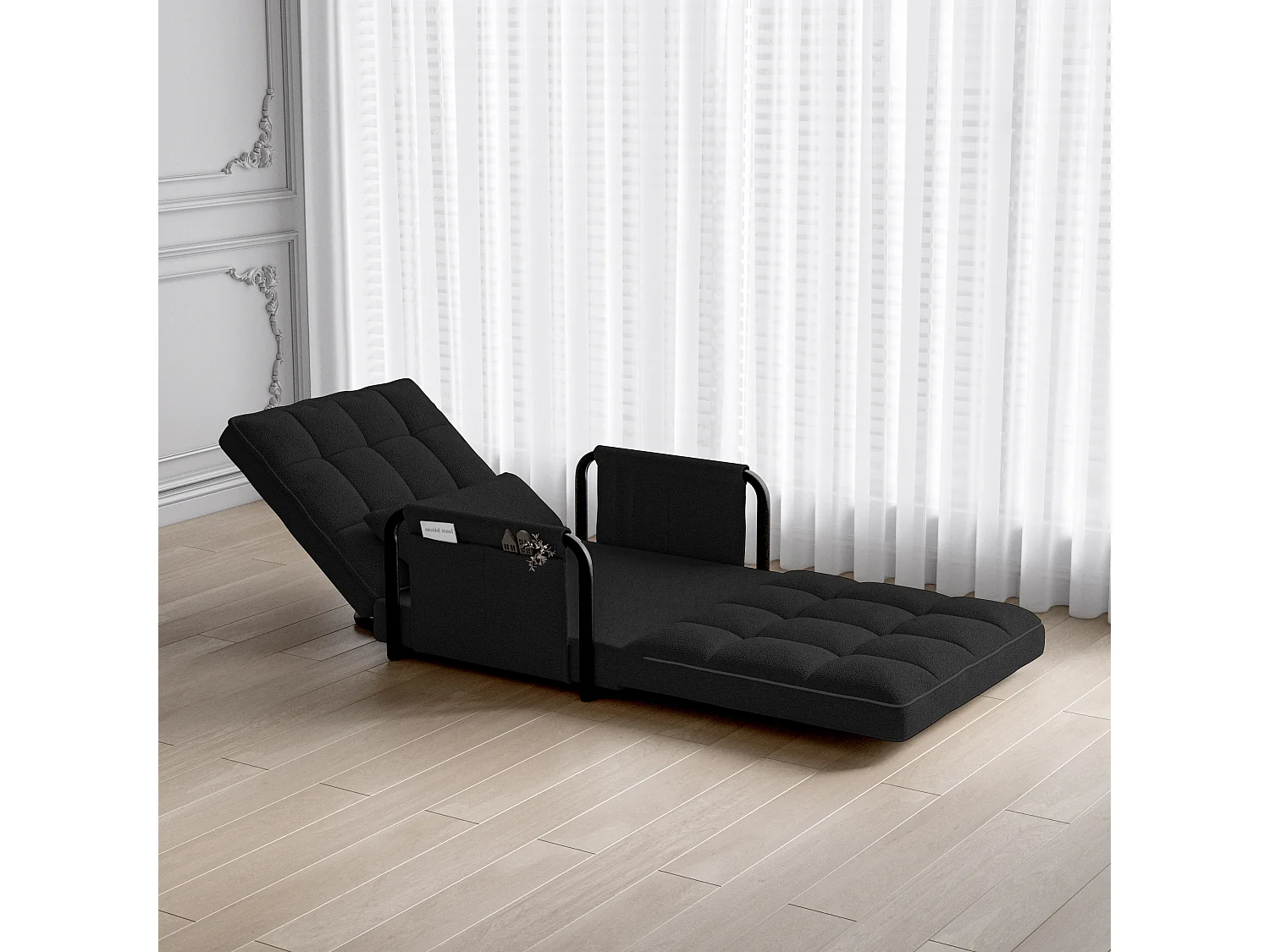 Canapé Lit Simple Convertible, 4 en 1 Canapé-lit Fauteuil, 5 Positions réglables, Coussin et Accoudoirs Métal, Laine d’agneau, Noir