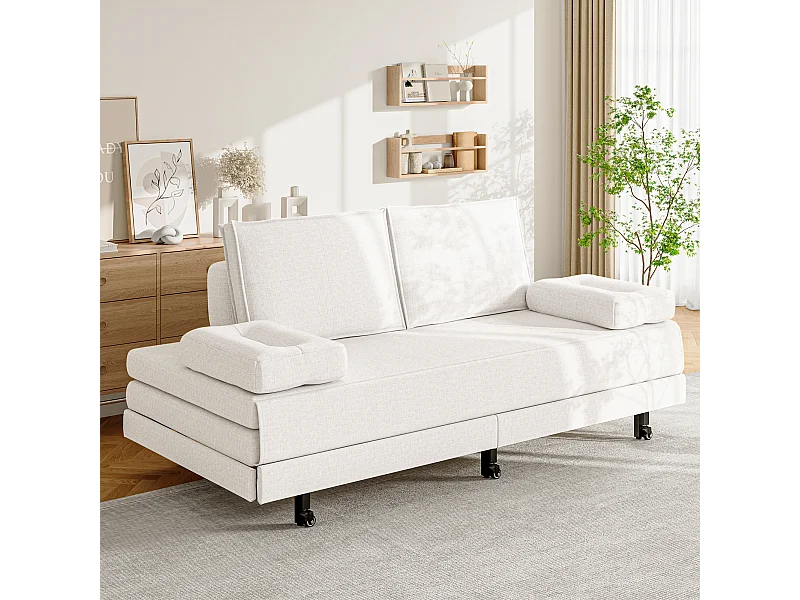 Canapé-Lit 90 x 200 cm, Lit gigognes avec maille, Lit double multifonctionnel 2 en 1 extensible, Canape Lit 2 Places, Blanc Le Lin