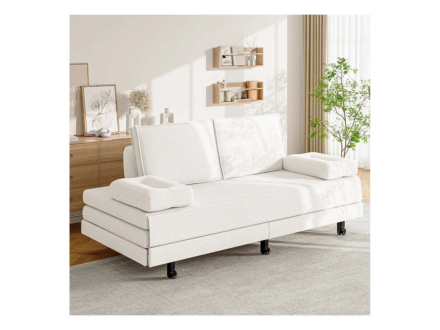 Canapé-Lit 90 x 200 cm, Lit gigognes avec maille, Lit double multifonctionnel 2 en 1 extensible, Canape Lit 2 Places, Blanc Le Lin