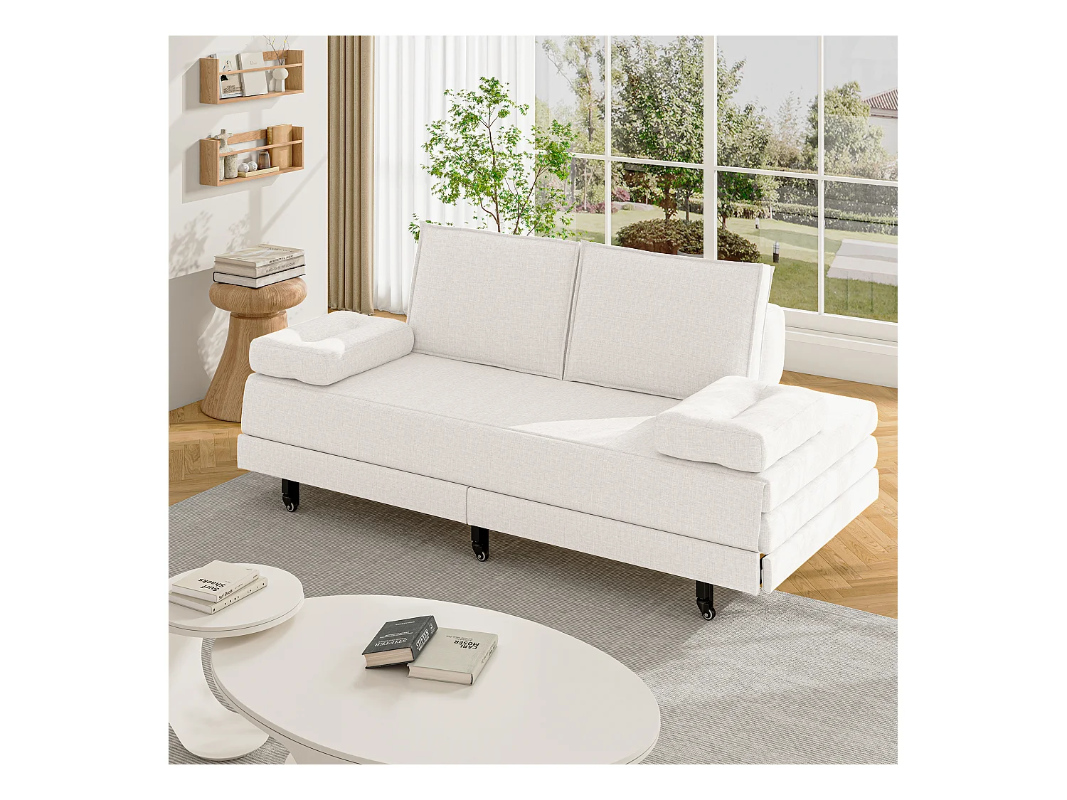 Canapé-Lit 90 x 200 cm, Lit gigognes avec maille, Lit double multifonctionnel 2 en 1 extensible, Canape Lit 2 Places, Blanc Le Lin