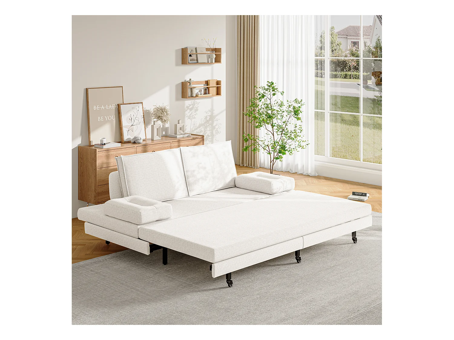 Canapé-Lit 90 x 200 cm, Lit gigognes avec maille, Lit double multifonctionnel 2 en 1 extensible, Canape Lit 2 Places, Blanc Le Lin