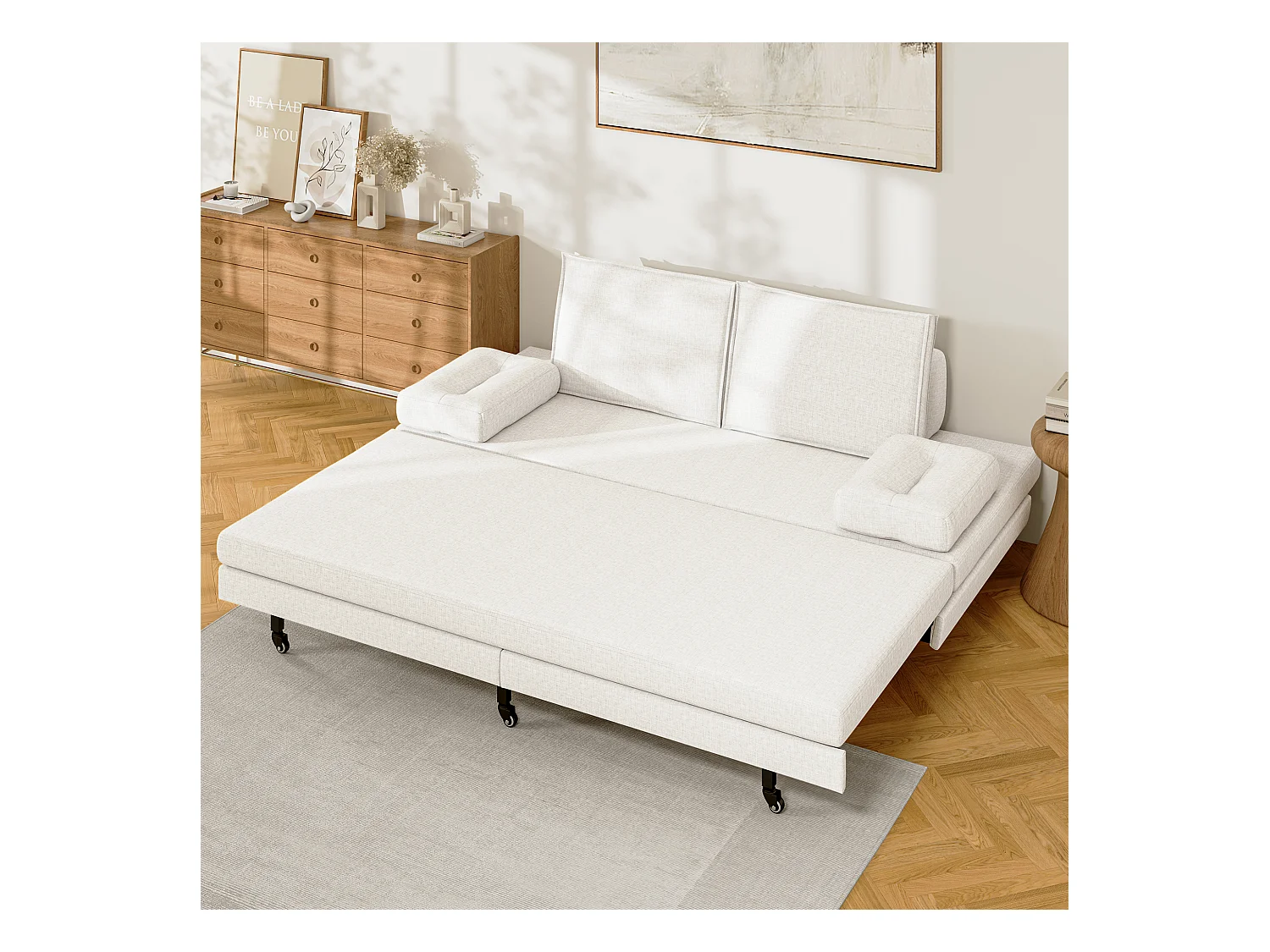 Canapé-Lit 90 x 200 cm, Lit gigognes avec maille, Lit double multifonctionnel 2 en 1 extensible, Canape Lit 2 Places, Blanc Le Lin