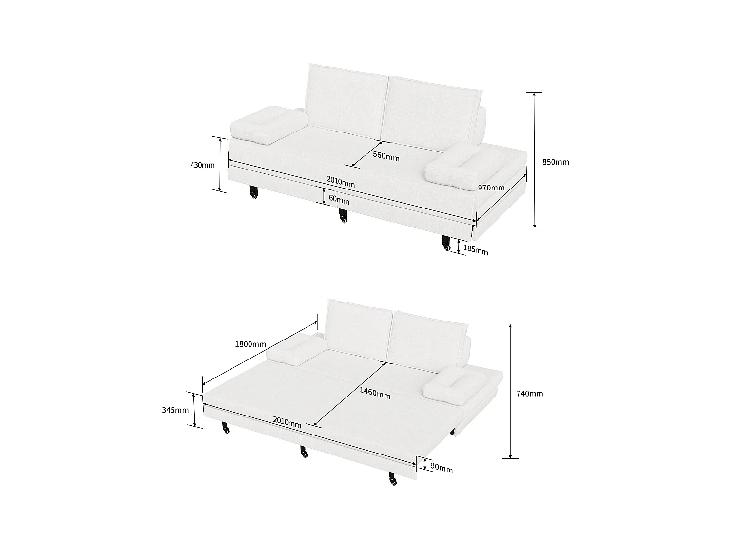 Canapé-Lit 90 x 200 cm, Lit gigognes avec maille, Lit double multifonctionnel 2 en 1 extensible, Canape Lit 2 Places, Blanc Le Lin