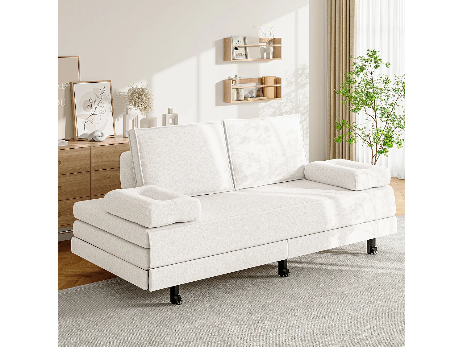 Canapé-Lit 90 x 200 cm, Lit gigognes avec maille, Lit double multifonctionnel 2 en 1 extensible, Canape Lit 2 Places, Blanc Le Lin