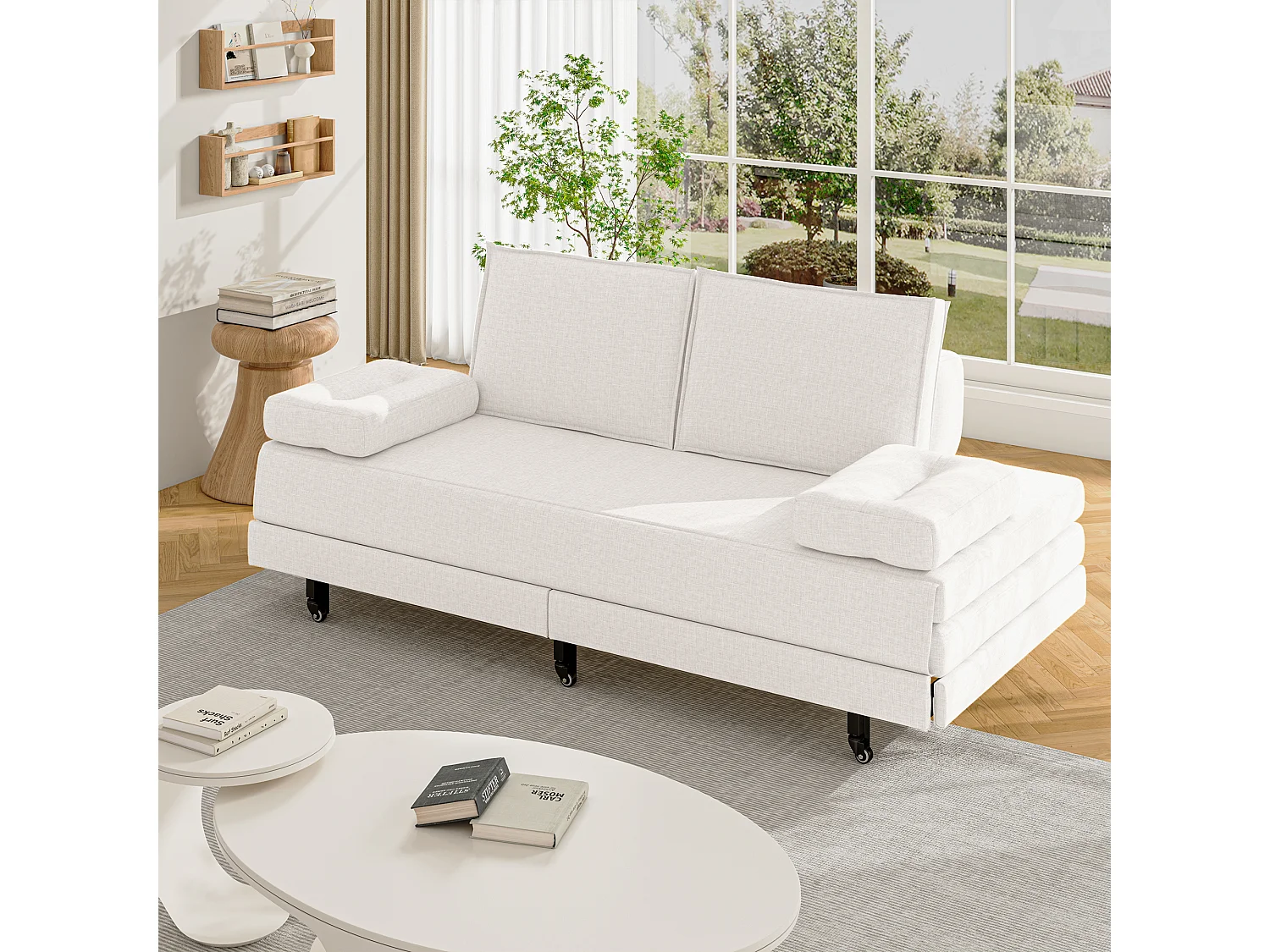 Canapé-Lit 90 x 200 cm, Lit gigognes avec maille, Lit double multifonctionnel 2 en 1 extensible, Canape Lit 2 Places, Blanc Le Lin