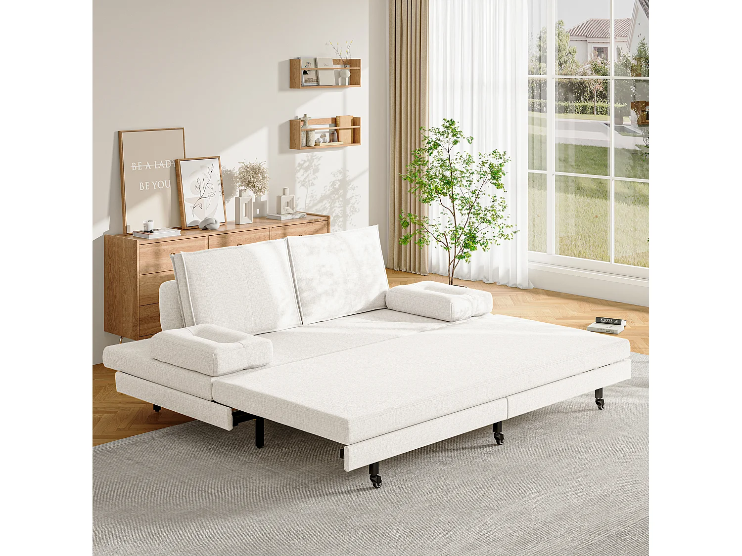 Canapé-Lit 90 x 200 cm, Lit gigognes avec maille, Lit double multifonctionnel 2 en 1 extensible, Canape Lit 2 Places, Blanc Le Lin