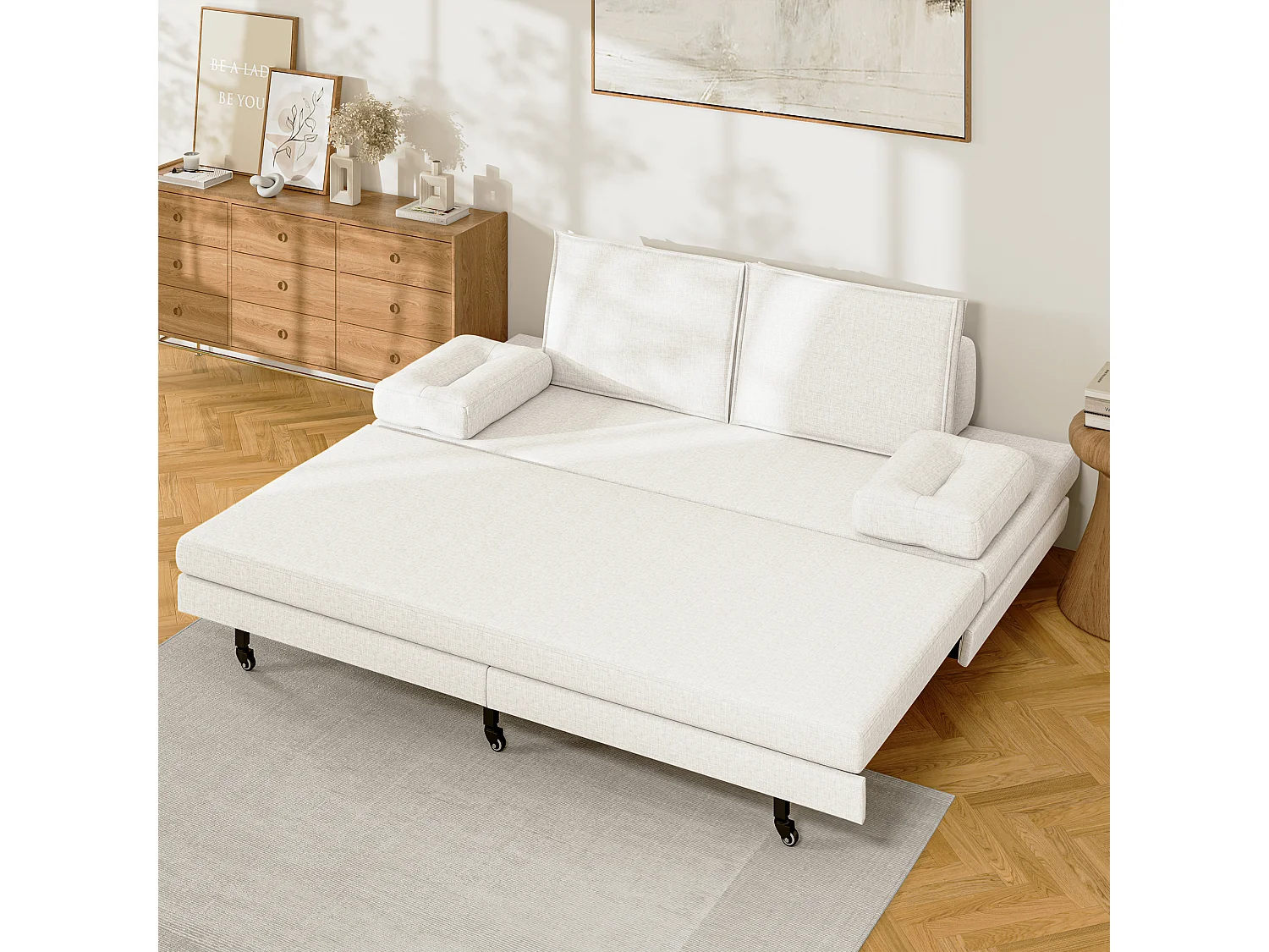 Canapé-Lit 90 x 200 cm, Lit gigognes avec maille, Lit double multifonctionnel 2 en 1 extensible, Canape Lit 2 Places, Blanc Le Lin