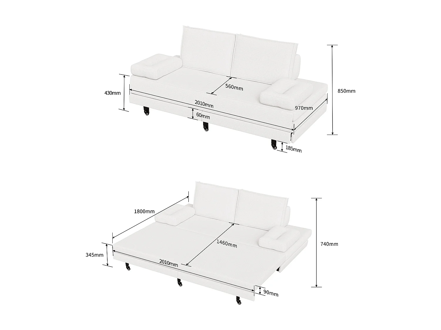 Canapé-Lit 90 x 200 cm, Lit gigognes avec maille, Lit double multifonctionnel 2 en 1 extensible, Canape Lit 2 Places, Blanc Le Lin
