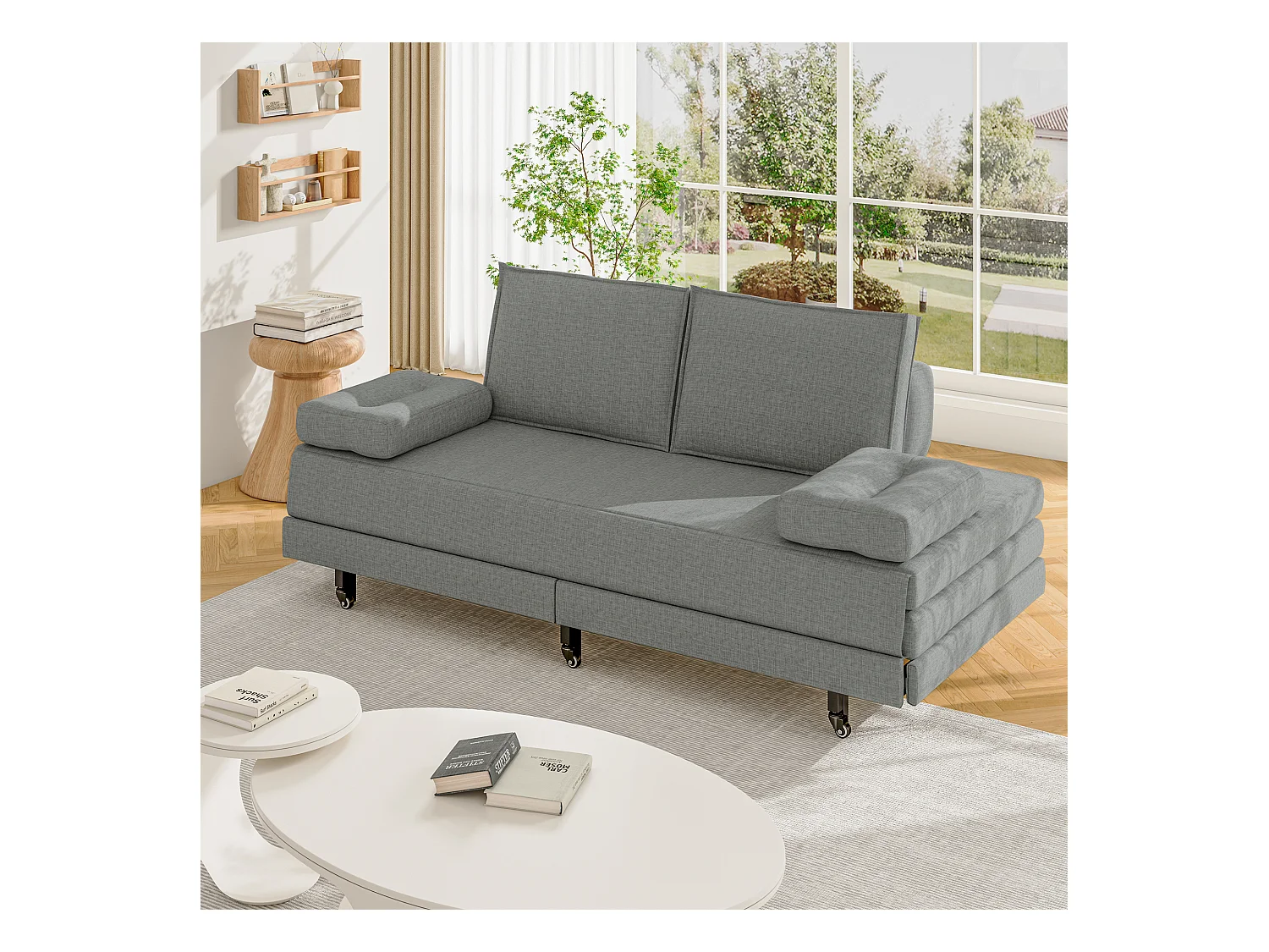 Canapé-Lit Convertible 90x200cm, Lit double, Multifonction, Lit de Jour pour 2 Personnes, Lit gigogne de même Hauteur, en Lin Gris