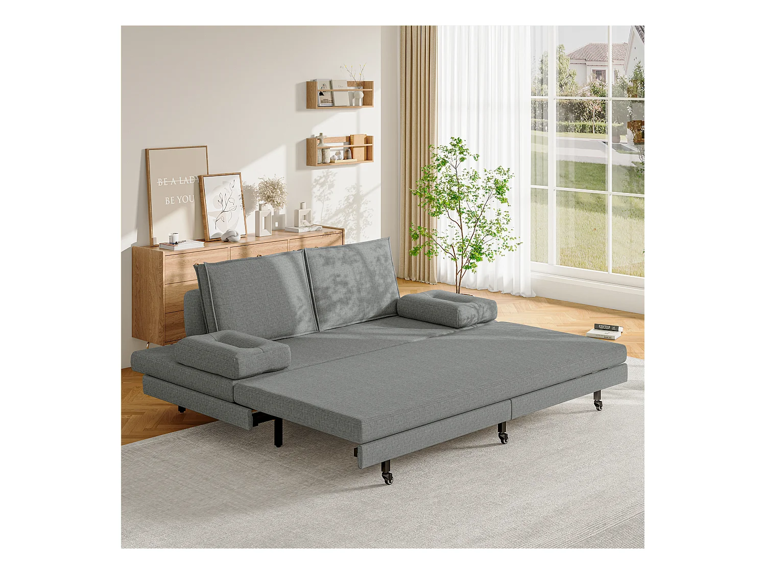 Canapé-Lit Convertible 90x200cm, Lit double, Multifonction, Lit de Jour pour 2 Personnes, Lit gigogne de même Hauteur, en Lin Gris