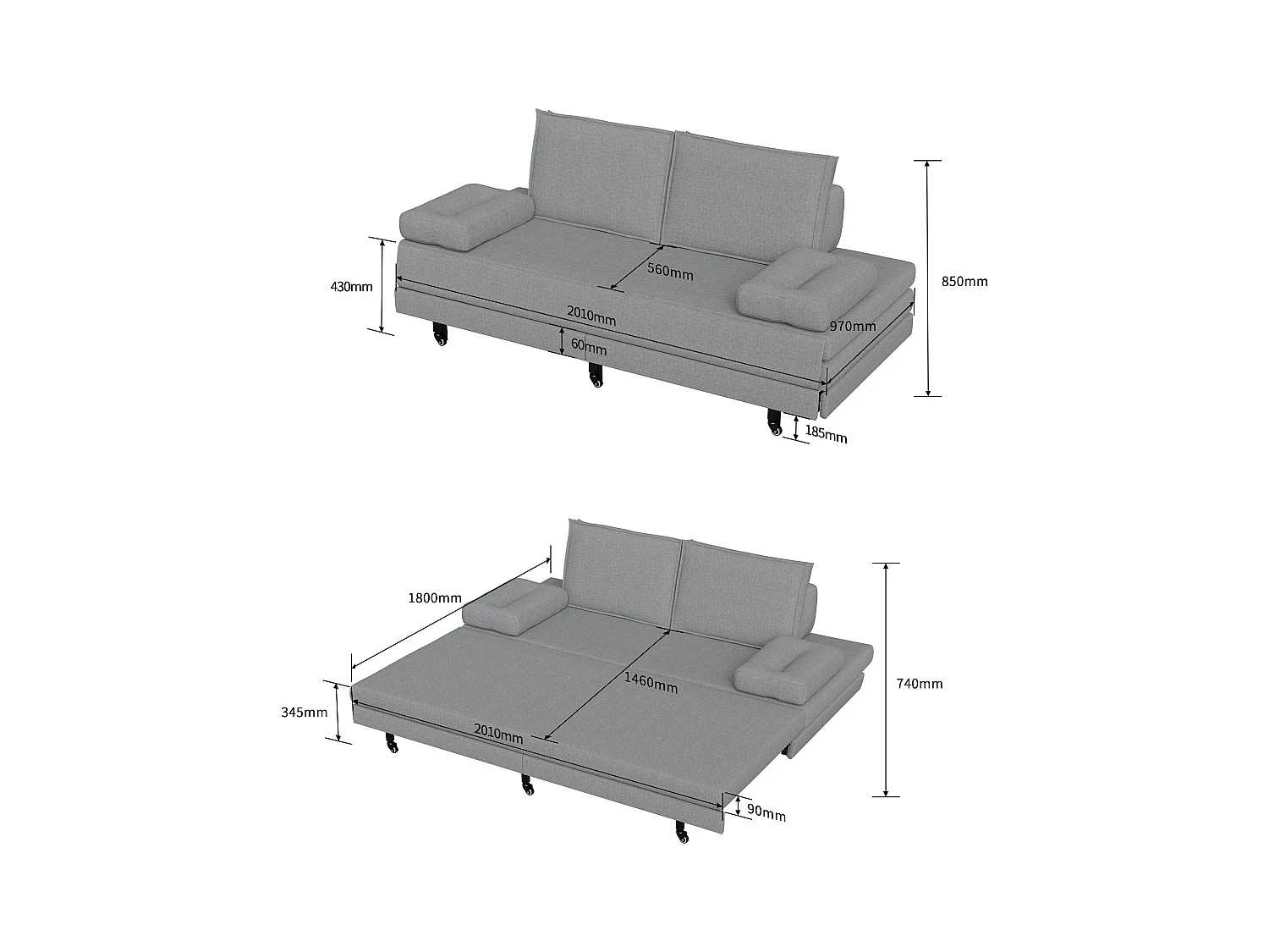 Canapé-Lit Convertible 90x200cm, Lit double, Multifonction, Lit de Jour pour 2 Personnes, Lit gigogne de même Hauteur, en Lin Gris