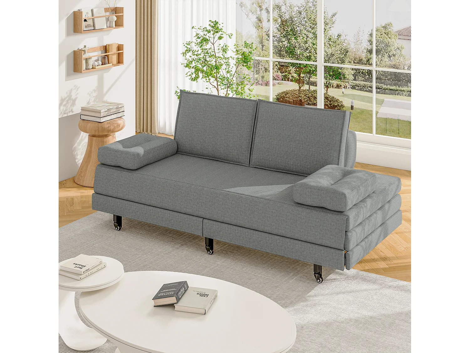Canapé-Lit Convertible 90x200cm, Lit double, Multifonction, Lit de Jour pour 2 Personnes, Lit gigogne de même Hauteur, en Lin Gris