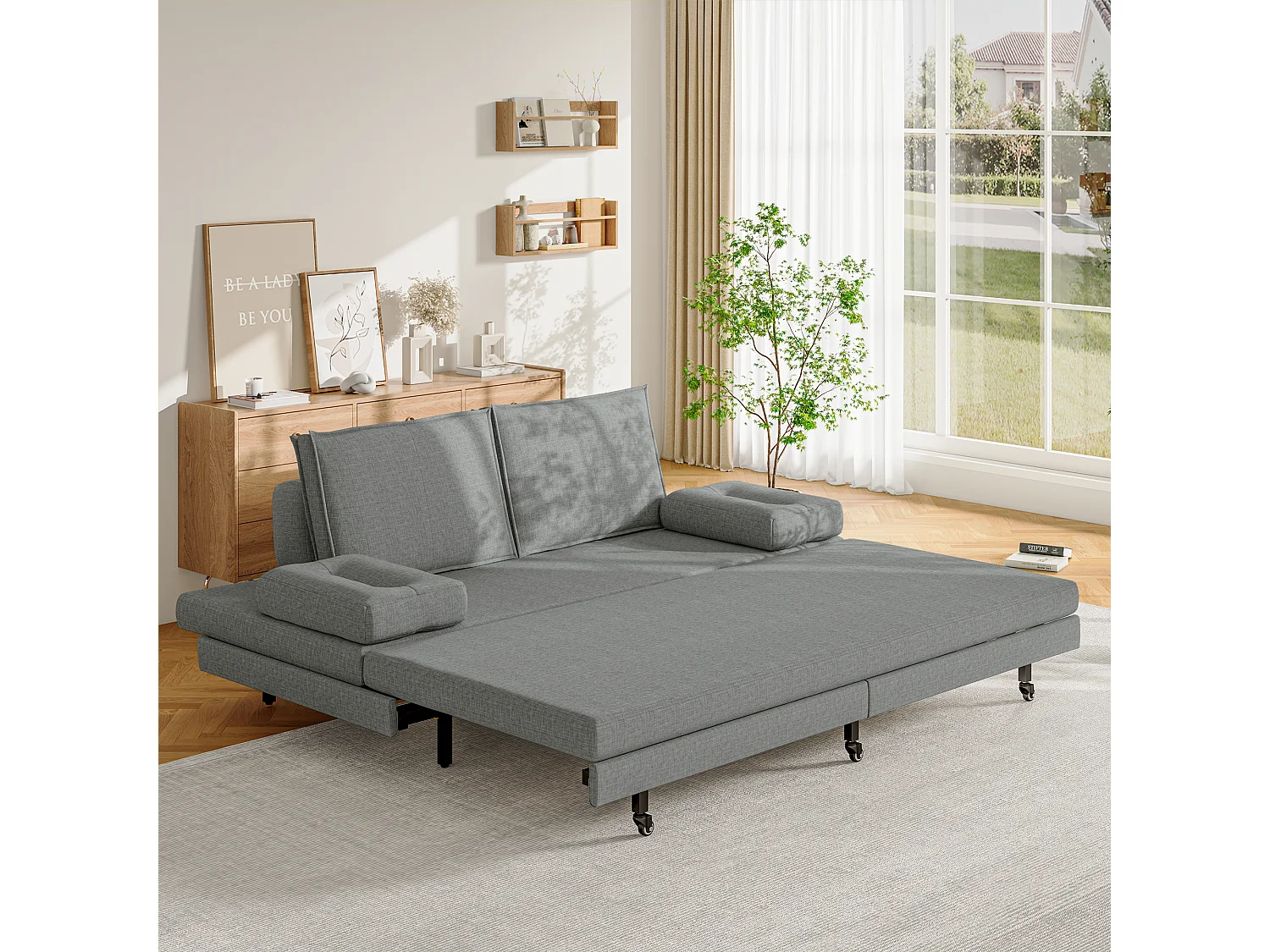 Canapé-Lit Convertible 90x200cm, Lit double, Multifonction, Lit de Jour pour 2 Personnes, Lit gigogne de même Hauteur, en Lin Gris