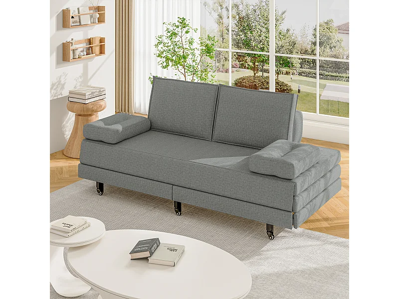 Canapé-Lit Convertible 90x200cm, Lit double, Multifonction, Lit de Jour pour 2 Personnes, Lit gigogne de même Hauteur, en Lin Gris