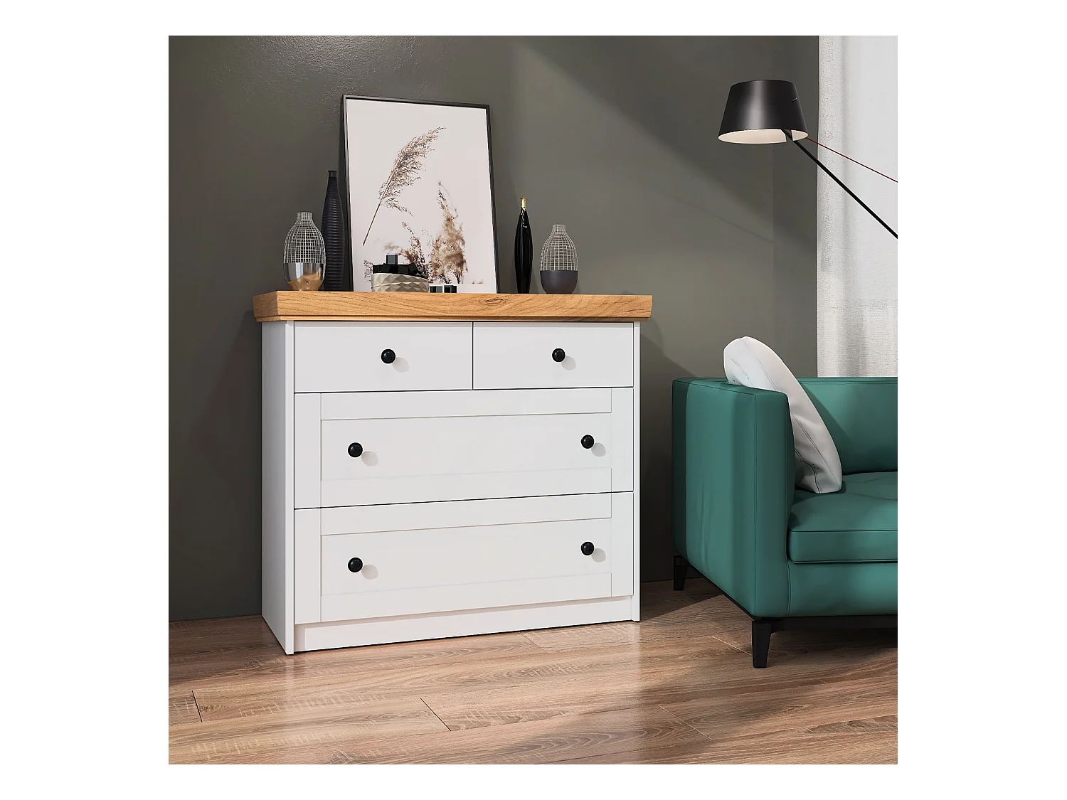 Commode 92x82x42 cm Chêne blanc mat or kraft