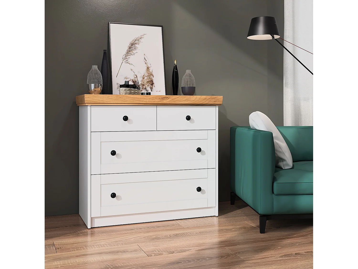 Komoda 92x82x42 cm Matowy biały dąb kraft złoty