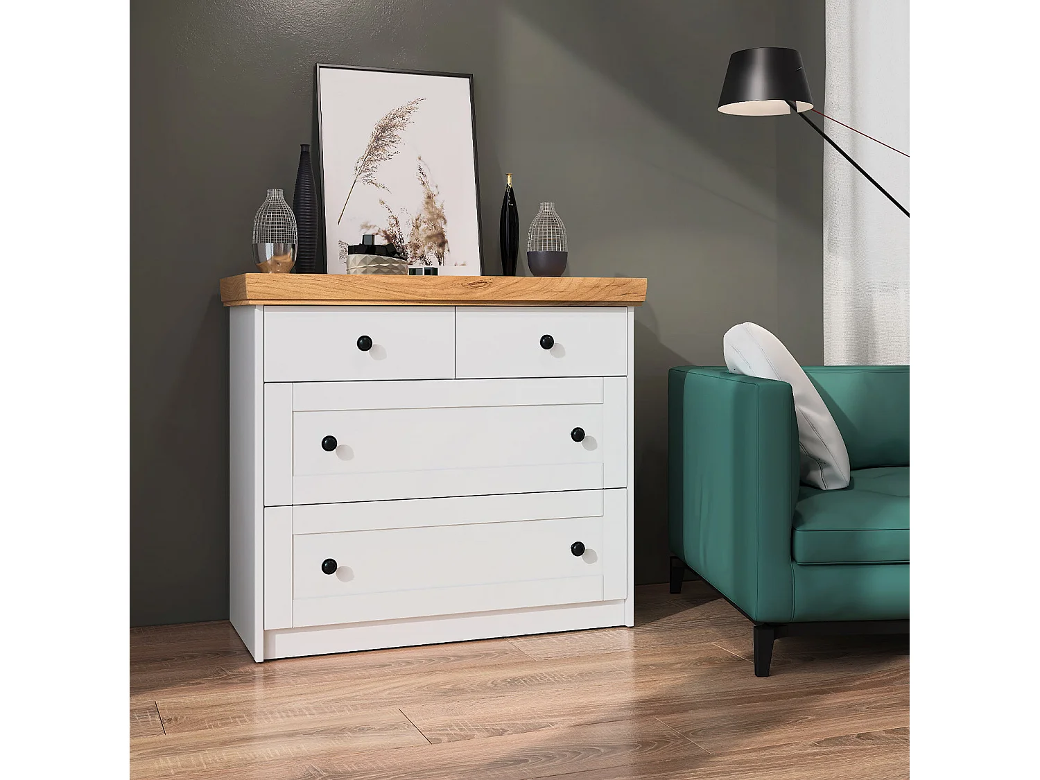 Commode 92x82x42 cm Chêne blanc mat or kraft