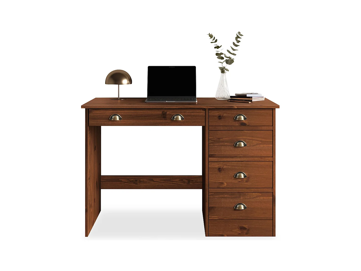 Bureau LANA avec rangement 5 tiroirs et poignées en forme de coquille, en pin massif coloris brun foncé