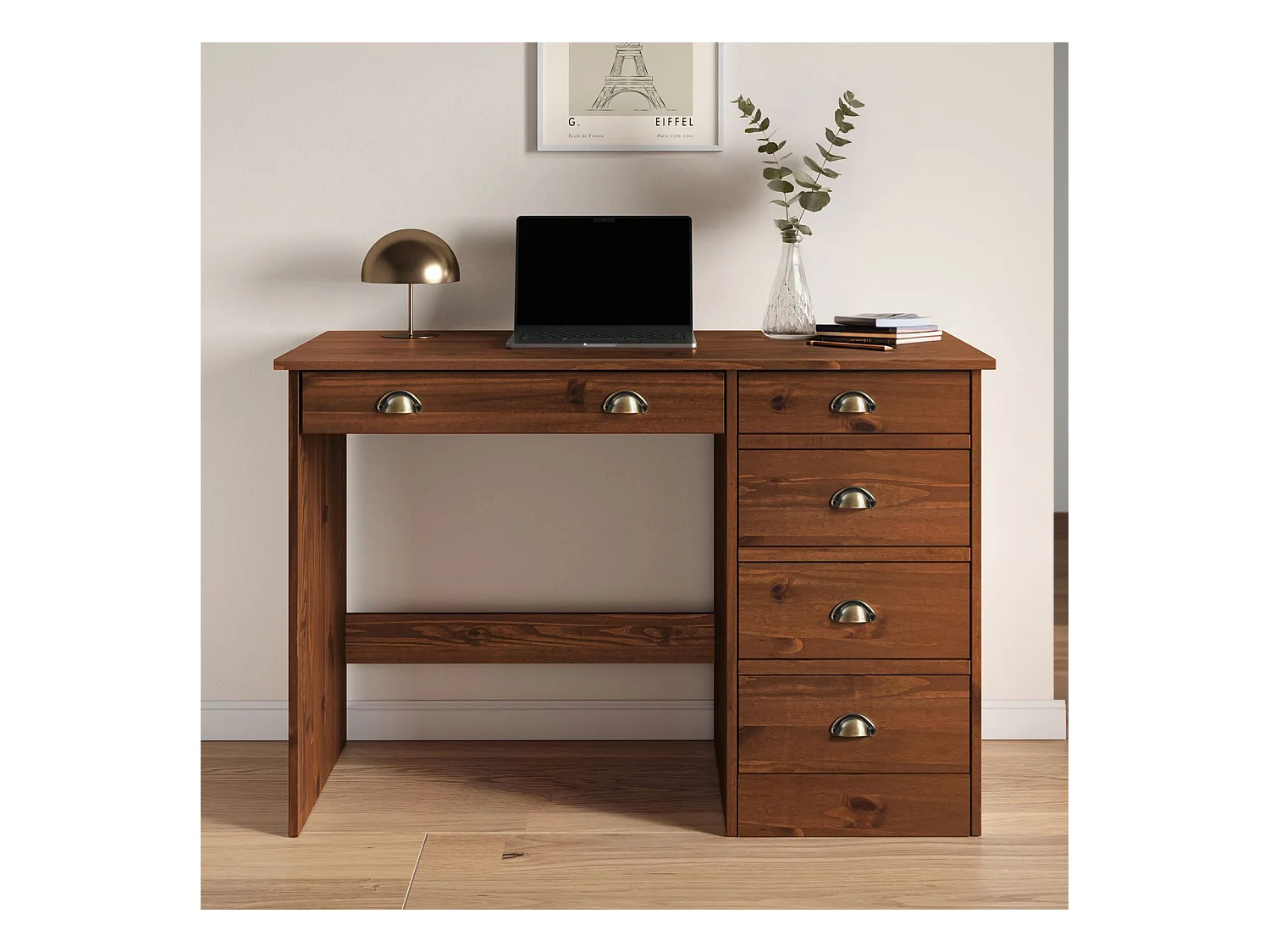 Bureau LANA avec rangement 5 tiroirs et poignées en forme de coquille, en pin massif coloris brun foncé