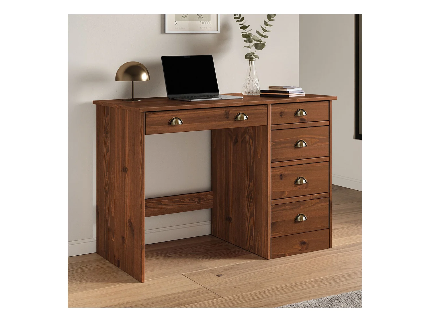 Bureau LANA avec rangement 5 tiroirs et poignées en forme de coquille, en pin massif coloris brun foncé